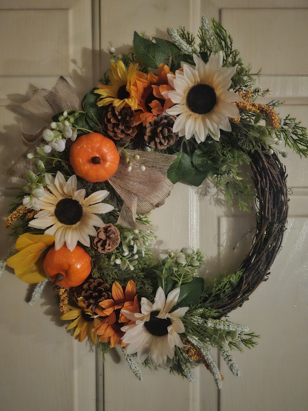Autumn Sunflower & Pumpkin Holiday Wreath - Rustic Fall Door Décor